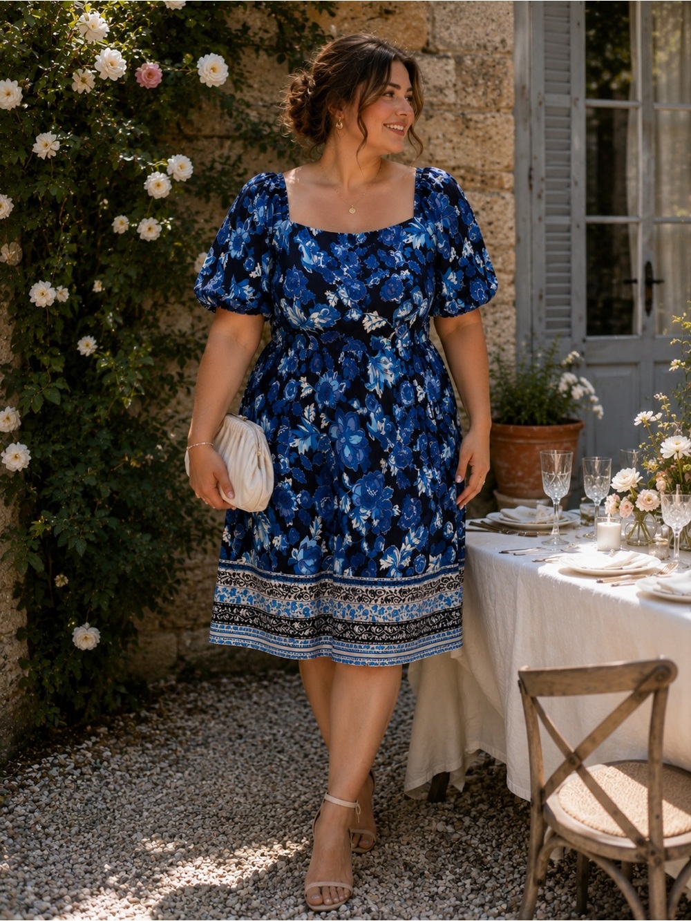 Julia Jordan Blue Garden Floral Puff Sleeve Midi Dress Smocked Back Cottagecore